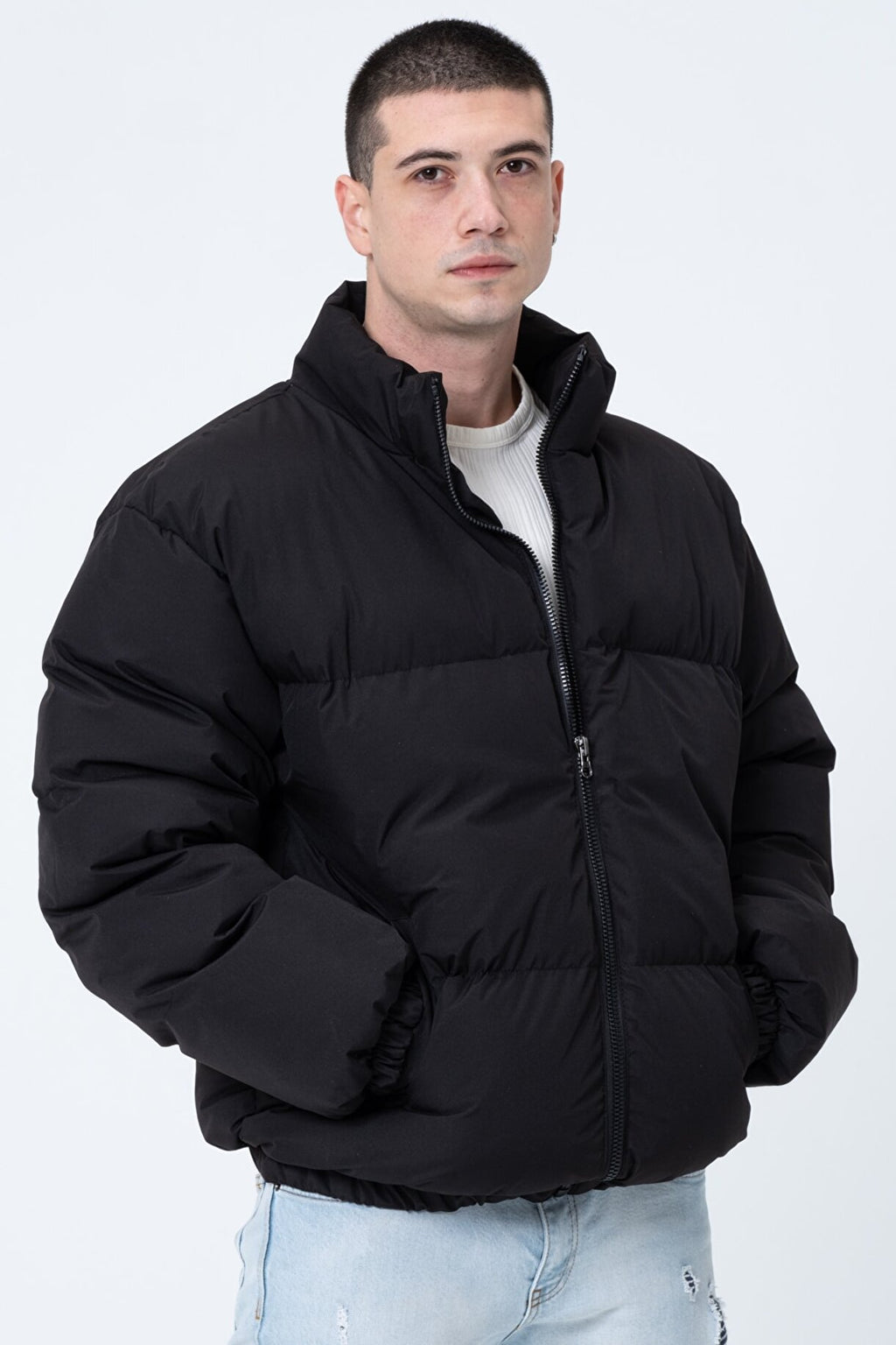 Unisex Oversize Su ve Rüzgar Geçirmez Şişme Mont - Siyah Bomber Ceket
