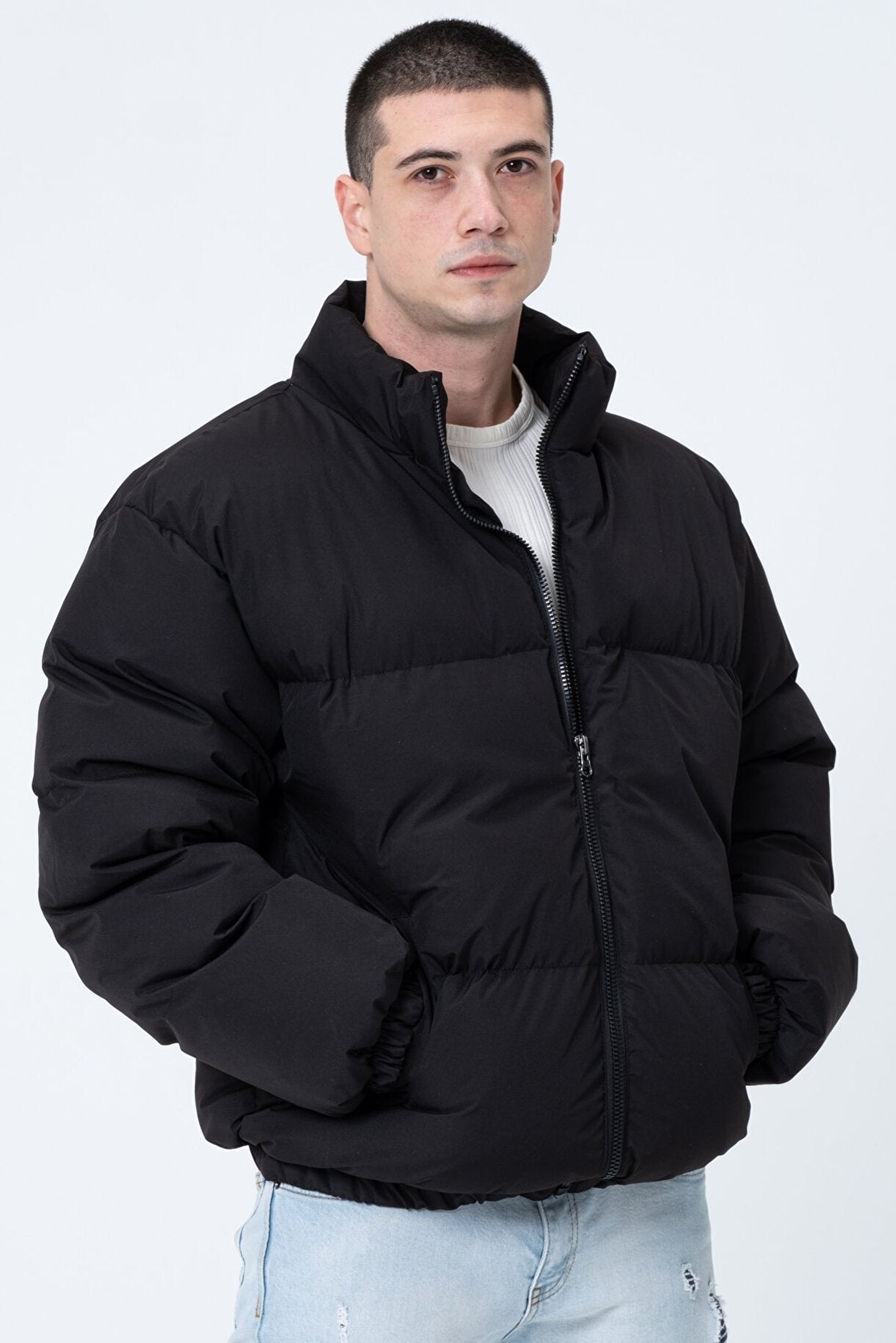 Unisex Oversize Su ve Rüzgar Geçirmez Şişme Mont - Siyah Bomber Ceket