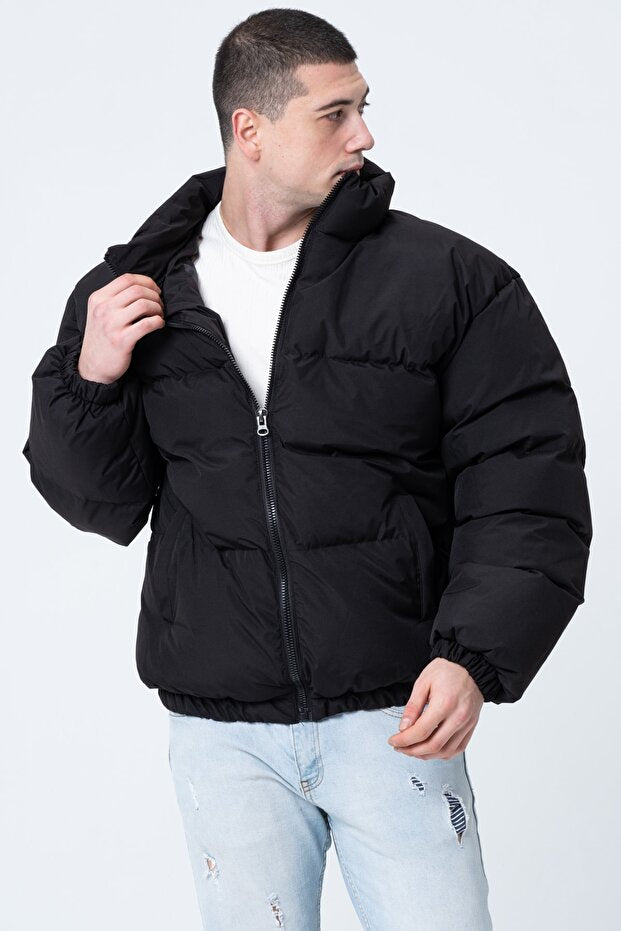 Unisex Oversize Su ve Rüzgar Geçirmez Şişme Mont - Siyah Bomber Ceket