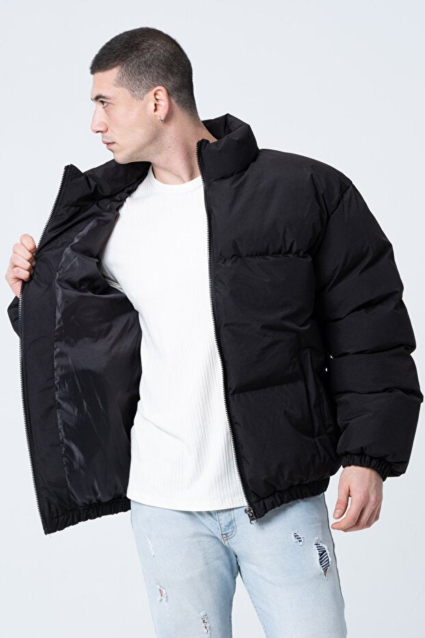 Unisex Oversize Su ve Rüzgar Geçirmez Şişme Mont - Siyah Bomber Ceket