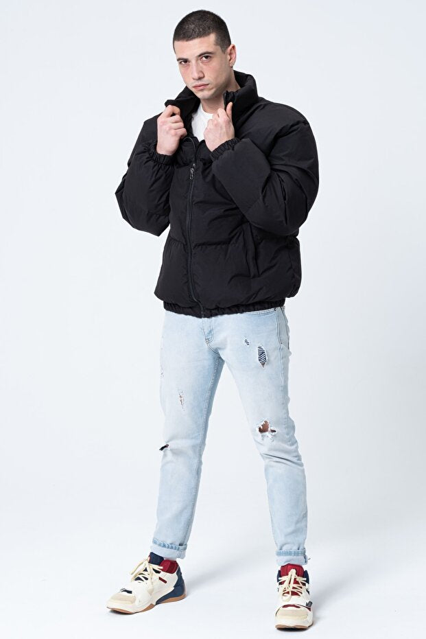 Unisex Oversize Su ve Rüzgar Geçirmez Şişme Mont - Siyah Bomber Ceket